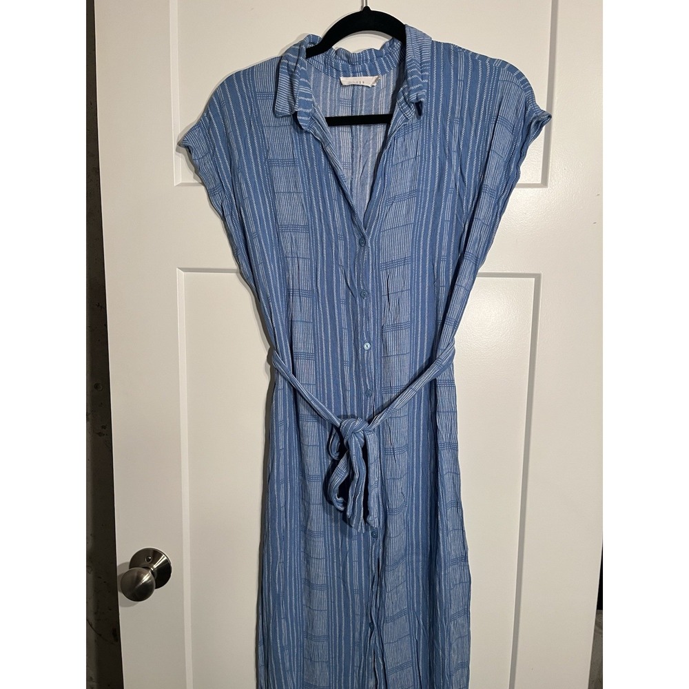 Lush Womens Large Blue Ivory Striped Button Front Belted Midi Shirt Dress